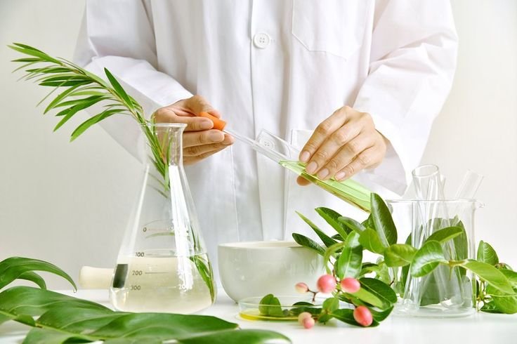 medicinal herbal plant analysis, natural organic botany drug research and development, scientist formulating plant derived supplement medicine, alternative traditional herbal remedies